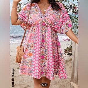 SHEIN Pink and Blue Patterned Dress